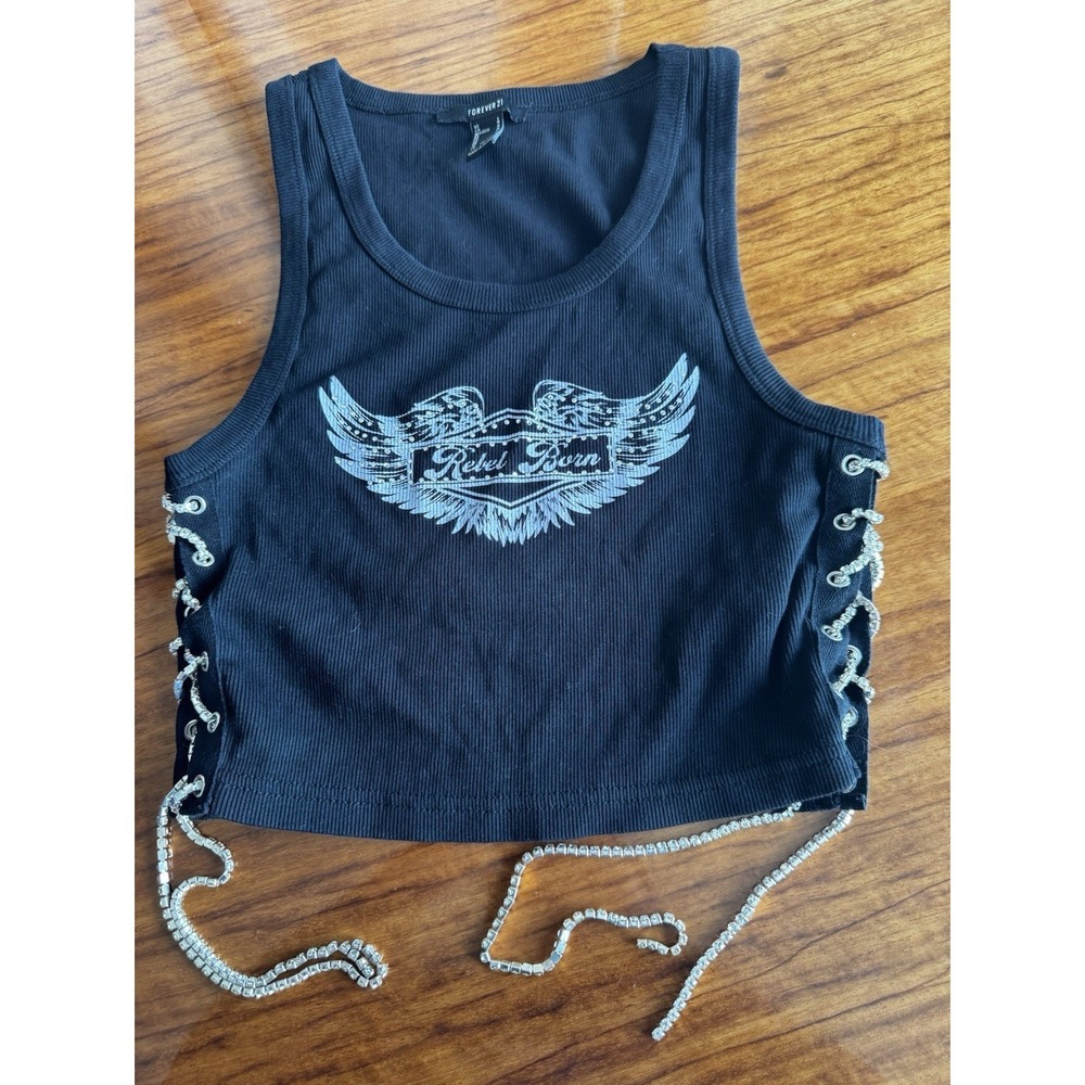 Forever 21 Black Ribbed Knit Cropped Tank Rhinestone Lace-Up Rebel Born L